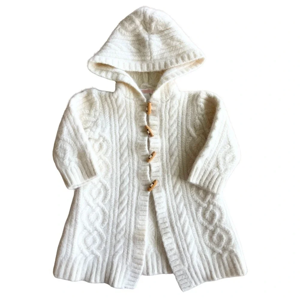 Janie And Jack Lambswool Angora Rabbit Hair Nylon Baby Hooded Cable Knit Coat